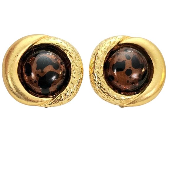 Gold Tone Vintage Domed Animal Print Center Lucite Round, Clip On Earrings - Picture 1 of 7